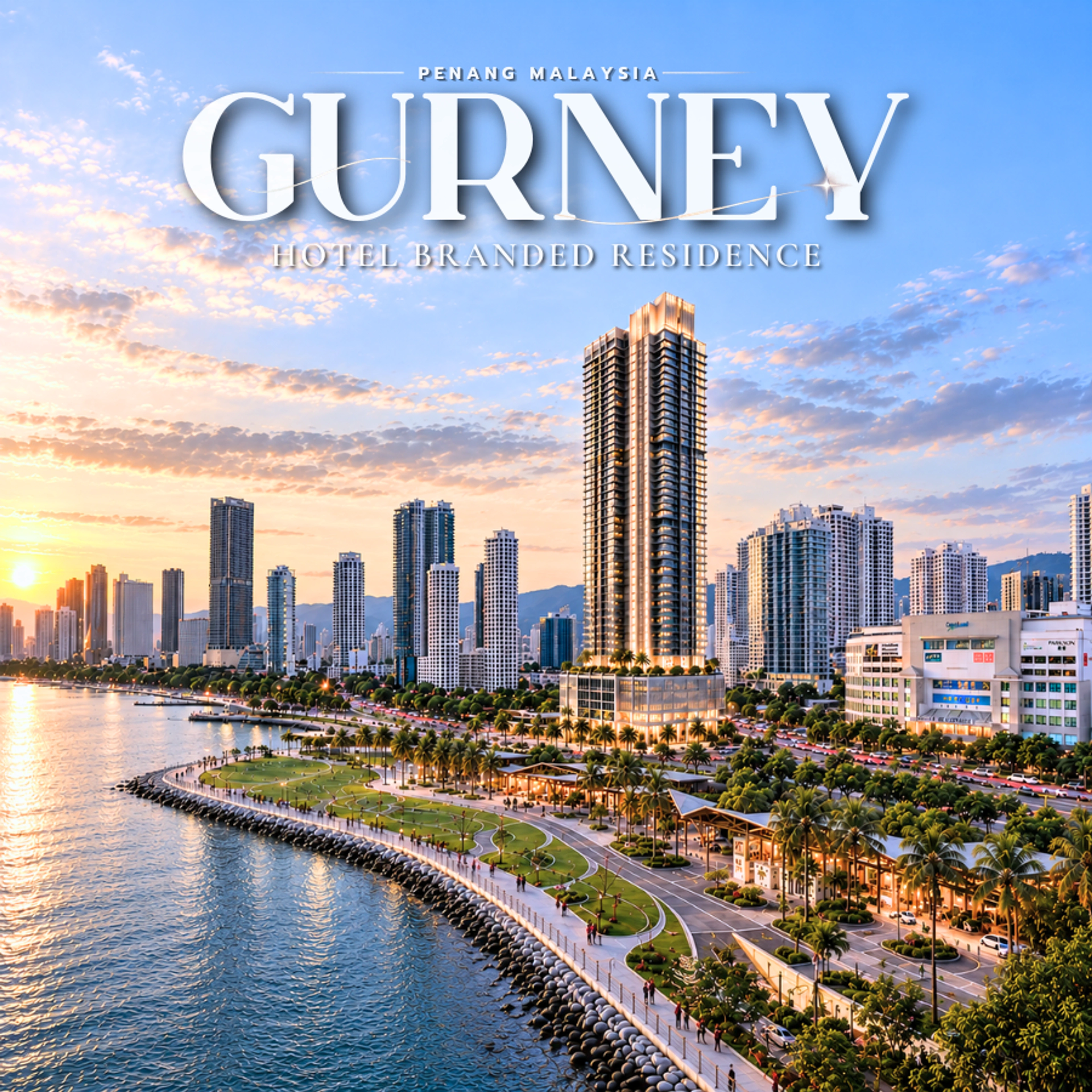Gurney hotel branded residence graphic supplied for this preview, showing the waterfront architecture at sunset