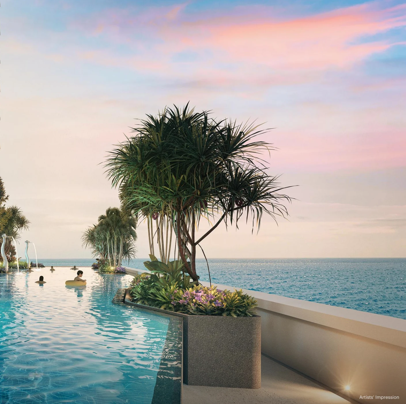 Swimming pool illustration overlooking the sea